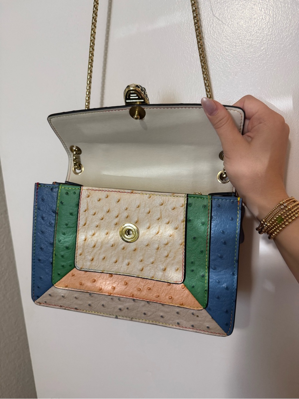 Multi-Color Patchwork Ostrich Leather Shoulder Bag with Gold Chain - Picture 6 of 8